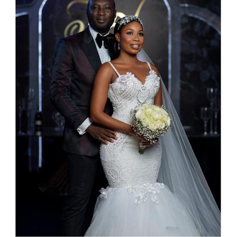 Image of Mermaid Wedding Gowns Open Back Beaded Lace Bridal Dress-FrenzyAfricanFashion.com