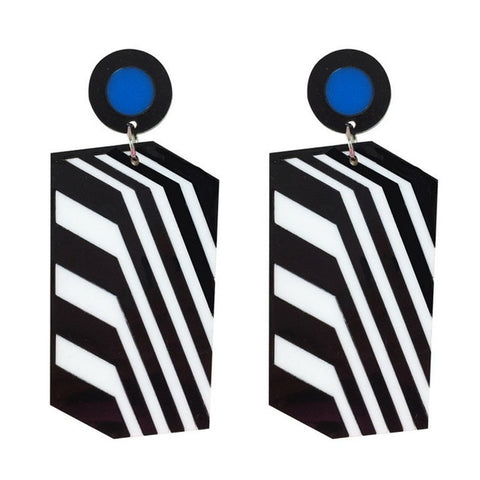 Image of Black White Stripe Geometric Drop Earrings-FrenzyAfricanFashion.com