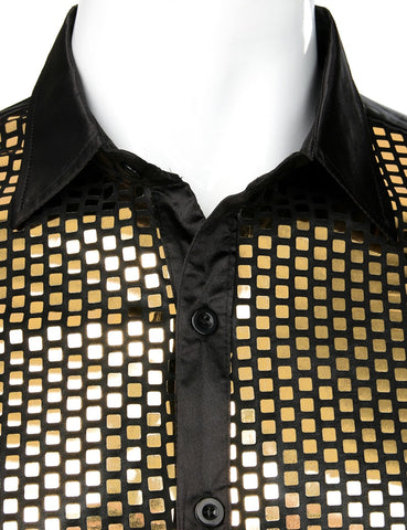 Image of Lakis Gold Men Sequin Black Silk Dress Shirts-FrenzyAfricanFashion.com