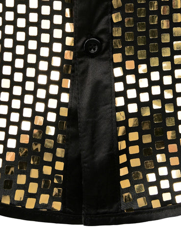 Image of Lakis Gold Men Sequin Black Silk Dress Shirts-FrenzyAfricanFashion.com
