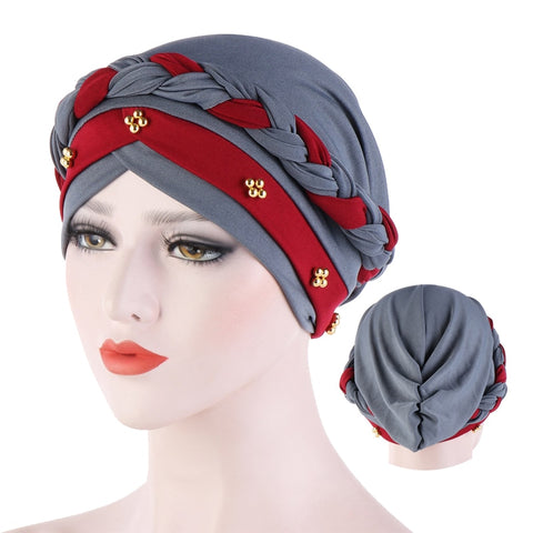 Image of Two-Color Beaded Braid Hijab Caps Turbans-FrenzyAfricanFashion.com