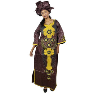 Long Embroidered African Dresses with Scarf Headtie Set-FrenzyAfricanFashion.com