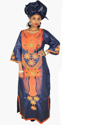 Image of Long Embroidered African Dresses with Scarf Headtie Set-FrenzyAfricanFashion.com