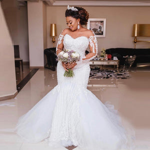 Beaded Mermaid Wedding Dress illusion Long Sleeve - Justina Gown-FrenzyAfricanFashion.com