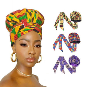 Ankara Pattern Satin Lined Bonnet Women Long Ribbon Headwrap-FrenzyAfricanFashion.com