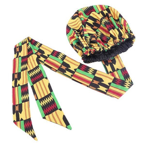 Ankara Pattern Satin Lined Bonnet Women Long Ribbon Headwrap