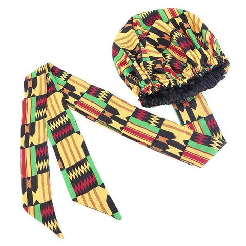 Image of Ankara Pattern Satin Lined Bonnet Women Long Ribbon Headwrap-FrenzyAfricanFashion.com