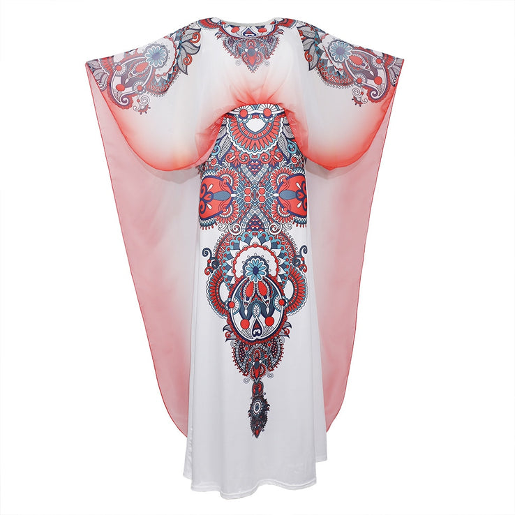 Bibi Designer Dashiki Long Cape Red Floral Maxi White Party Dress-FrenzyAfricanFashion.com