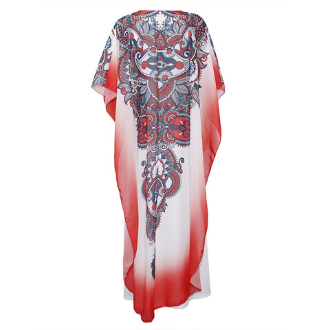 Image of Bibi Designer Dashiki Long Cape Red Floral Maxi White Party Dress-FrenzyAfricanFashion.com
