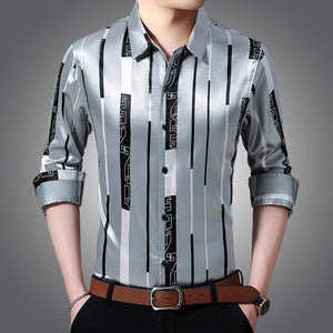 Male Silk Long Sleeve Striped Shirts-FrenzyAfricanFashion.com