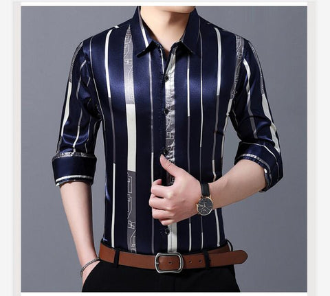 Image of Male Silk Long Sleeve Striped Shirts-FrenzyAfricanFashion.com