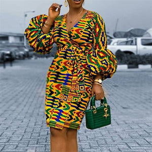 Fashion Women's Dress African Puff Sleeve Waist Belt Elegant Party-FrenzyAfricanFashion.com