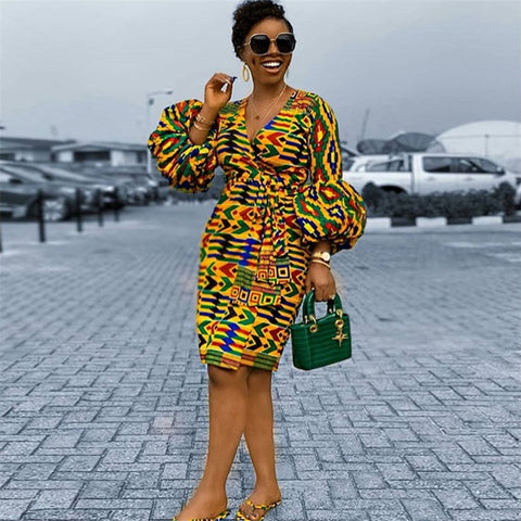 Image of Fashion Women's Dress African Puff Sleeve Waist Belt Elegant Party-FrenzyAfricanFashion.com