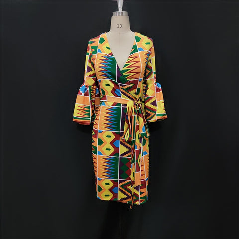 Image of Fashion Women's Dress African Puff Sleeve Waist Belt Elegant Party-FrenzyAfricanFashion.com