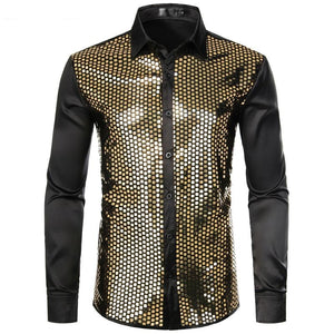 Lakis Designer Sequin Gold Plaid Long Sleeve Satin Black Shirt-FrenzyAfricanFashion.com
