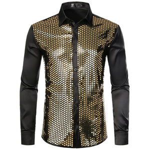 Lakis Designer Sequin Gold Plaid Long Sleeve Satin Black Shirt