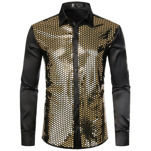 Image of Lakis Designer Sequin Gold Plaid Long Sleeve Satin Black Shirt-FrenzyAfricanFashion.com