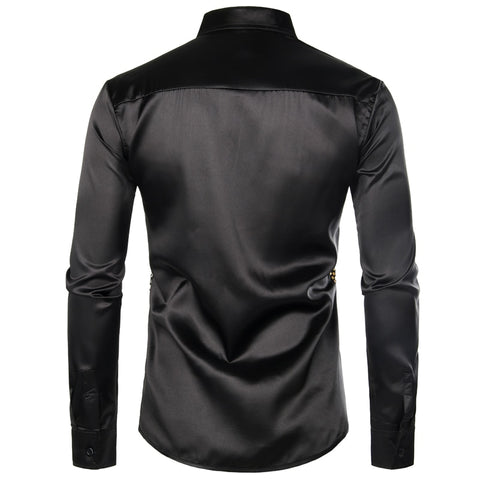 Image of Lakis Designer Sequin Gold Plaid Long Sleeve Satin Black Shirt-FrenzyAfricanFashion.com