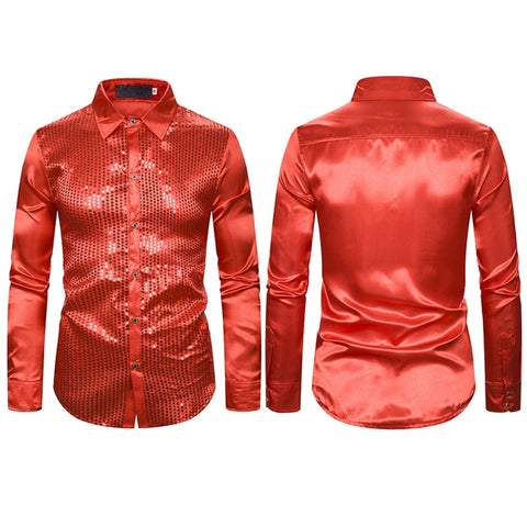 Image of Lakis Designer Luxury Sequin Satin Long Sleeve Dress Shirt-FrenzyAfricanFashion.com