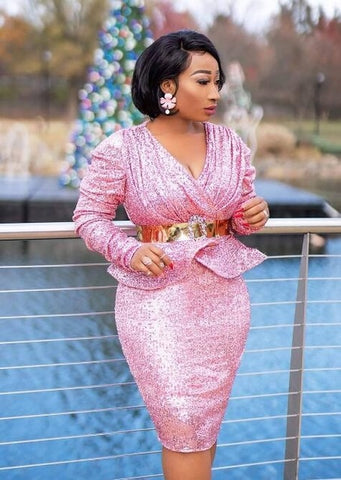 Image of Pink Sequined Peplum Dress-FrenzyAfricanFashion.com