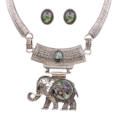 Image of Vintage Jewelry Sets Statement Resin Elephant Necklaces Antique Silver Stud Earrings-FrenzyAfricanFashion.com
