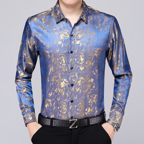 Image of Mens Silk Dress Shirt Spring Male Fashion Floral Soft Satin Clothes Long Sleeved-FrenzyAfricanFashion.com