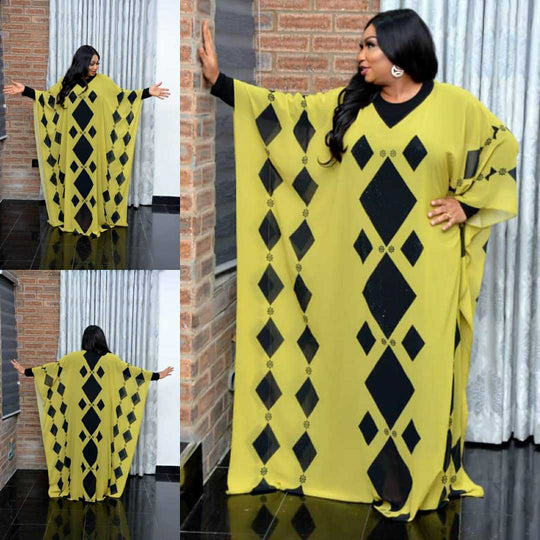 Yellow Boubou women V-neck polyester-FrenzyAfricanFashion.com