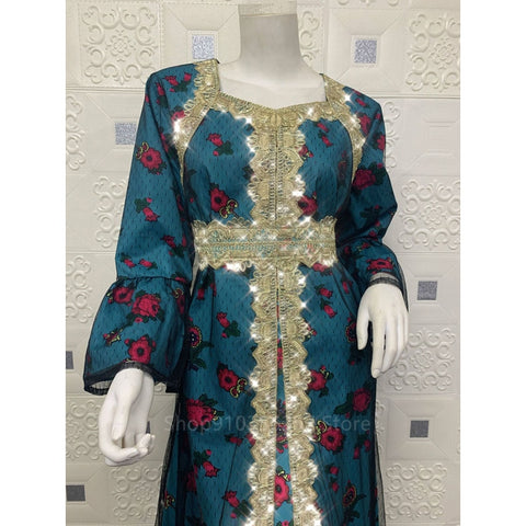 Image of Women Patchwork Embroidery Kaftan Dress With Belt-FrenzyAfricanFashion.com