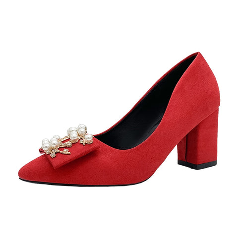 Image of Bride Wedding Shoes Pointed Square Heel High Heels Red Rhinestone Pearl Pumps Womens Shoes-FrenzyAfricanFashion.com