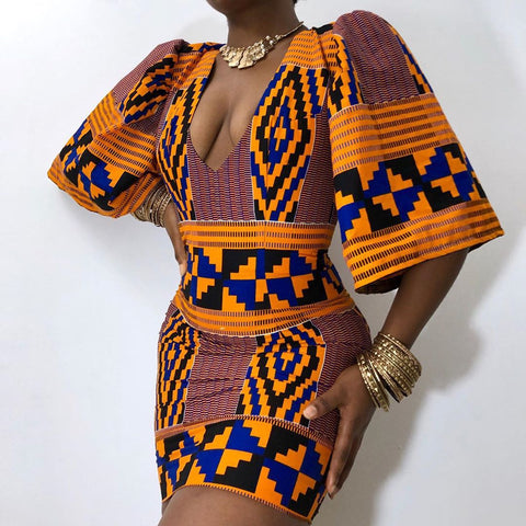 Image of Short Kente Summer Dress V-neck-FrenzyAfricanFashion.com