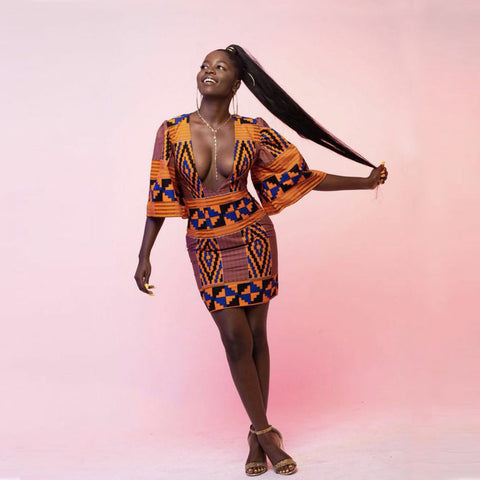 Image of Short Kente Summer Dress V-neck-FrenzyAfricanFashion.com