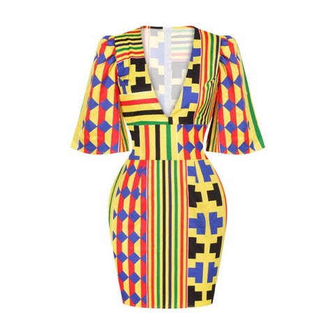 Image of Cute African Short Kente Print Bodycon Dress-FrenzyAfricanFashion.com