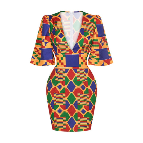 Image of Cute African Short Kente Print Bodycon Dress-FrenzyAfricanFashion.com