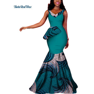 Women African Wax Print Long Mermaid Sleeveless A100B-FrenzyAfricanFashion.com