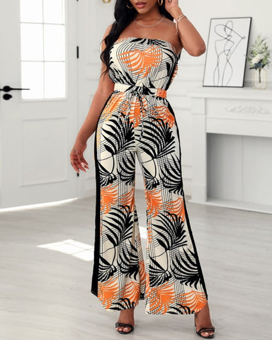 Image of Women Summer Tropical Print Bandeau Wide Leg Jumpsuit Sleeveless Loose Sexy Beachwear Casual Rompers-FrenzyAfricanFashion.com