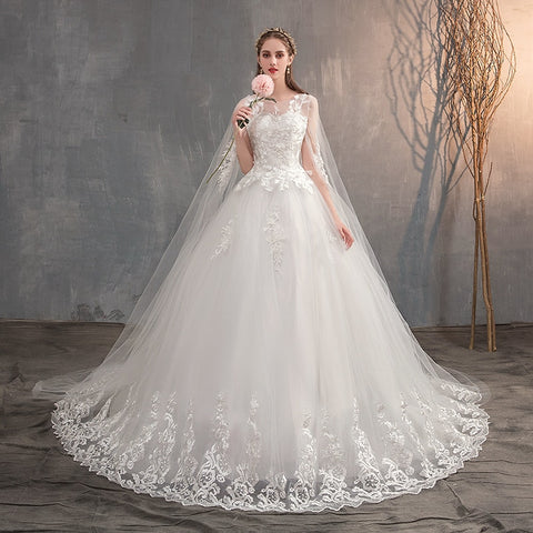 Image of Embroidered Lace Ball Gown Wedding Dress With Long Train Ivory-FrenzyAfricanFashion.com