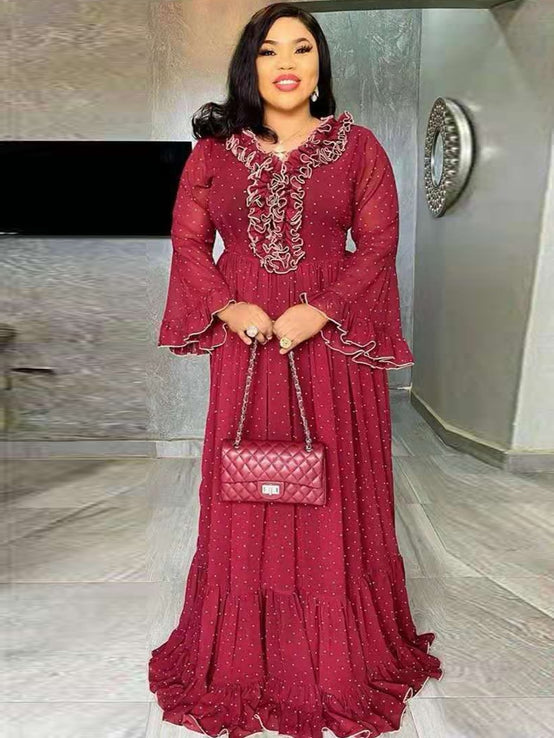 Abaya For Women Party Dress Dashiki Red V Neck Long Flare Sleeve Maxi-FrenzyAfricanFashion.com