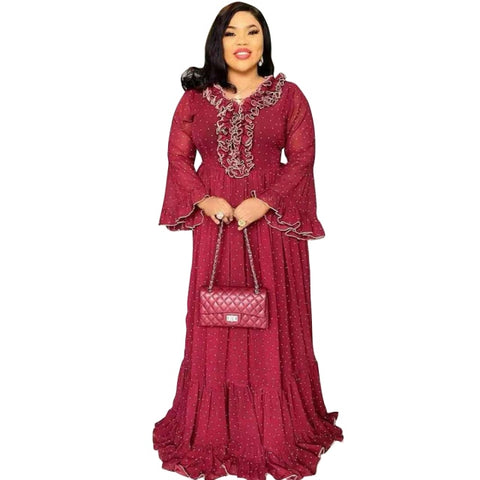 Image of Abaya For Women Party Dress Dashiki Red V Neck Long Flare Sleeve Maxi-FrenzyAfricanFashion.com