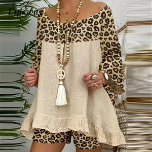 Vintage Leopard Patchwork Outfits Set Cotton Linen Shirt-FrenzyAfricanFashion.com