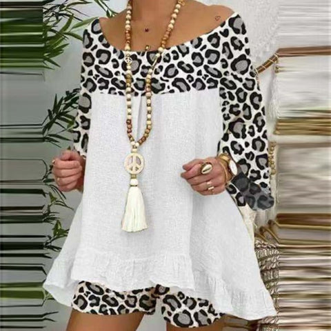 Image of Vintage Leopard Patchwork Outfits Set Cotton Linen Shirt-FrenzyAfricanFashion.com