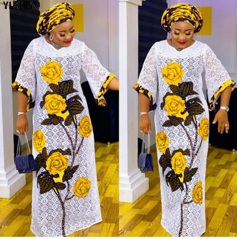 Image of Floral Pattern Lace Long Maxi Dress African Dresses Dashiki-FrenzyAfricanFashion.com