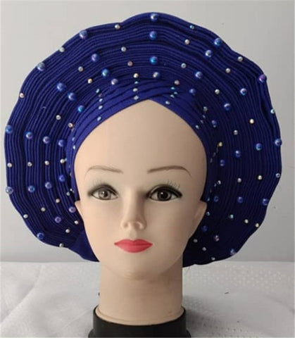 Image of Auto gele Headwrap African headtie with beads stones turban-FrenzyAfricanFashion.com