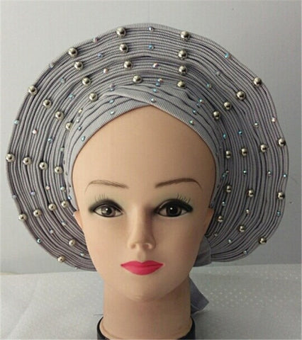 Image of Auto gele Headwrap African headtie with beads stones turban-FrenzyAfricanFashion.com