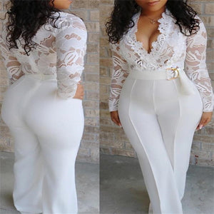 White Lace Women's Long Sleeve Jumpsuit Plus Size V-neck-FrenzyAfricanFashion.com