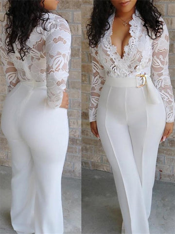 Image of White Lace Women's Long Sleeve Jumpsuit Plus Size V-neck-FrenzyAfricanFashion.com