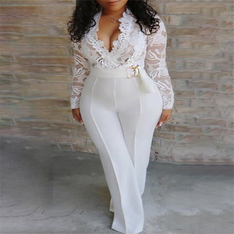 Image of White Lace Women's Long Sleeve Jumpsuit Plus Size V-neck-FrenzyAfricanFashion.com