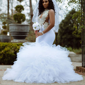 White Mermaid Long Wedding Dresses Stunning Beaded Bottom Ruffles Bridal Gowns-FrenzyAfricanFashion.com