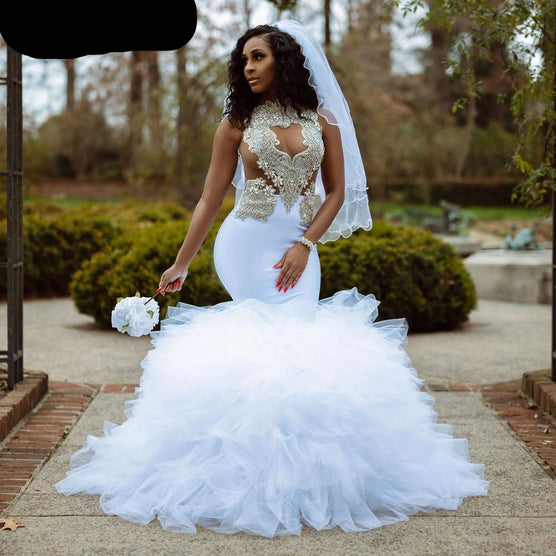 White Mermaid Long Wedding Dresses Stunning Beaded Bottom Ruffles Bridal Gowns-FrenzyAfricanFashion.com
