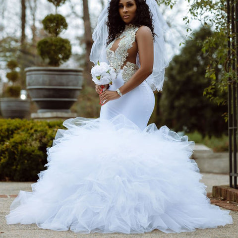 Image of White Mermaid Long Wedding Dresses Stunning Beaded Bottom Ruffles Bridal Gowns-FrenzyAfricanFashion.com