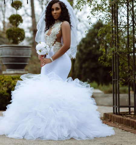 Image of White Mermaid Long Wedding Dresses Stunning Beaded Bottom Ruffles Bridal Gowns-FrenzyAfricanFashion.com